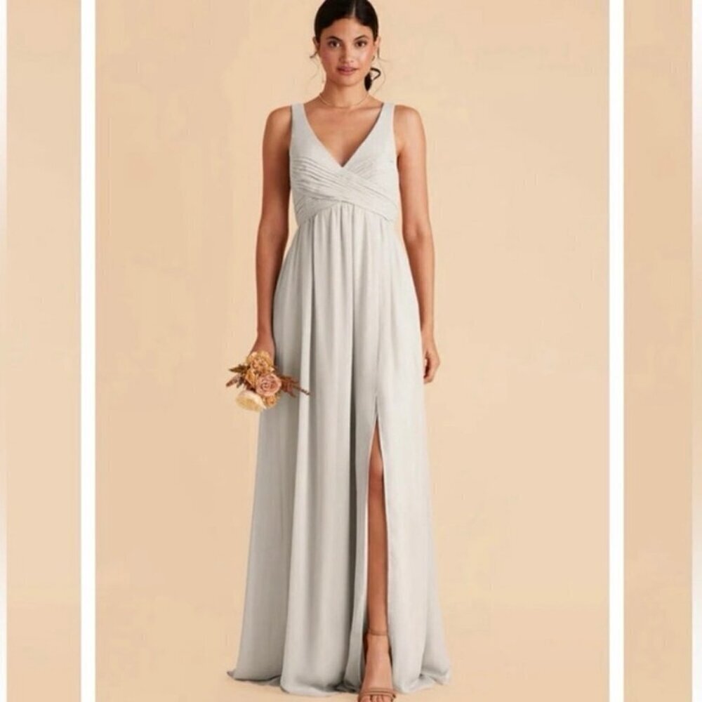 NWOT Birdy Grey Dove Gray Laurie Empire Chiffon Maxi Dress V-Neck Bridesmaid S